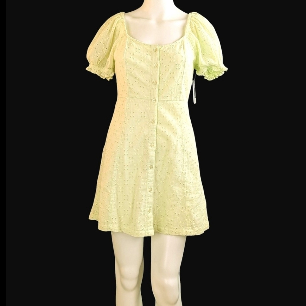 BP Eyelet Mini-Dress, Button Front Puffed Sleeves Lemon Lime Color - Picture 2 of 12